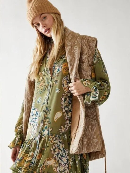 Free People Dresses & Skirts - Free People Ibiza Nights Mini Dress Size S Natural Sage Green Button Front $148